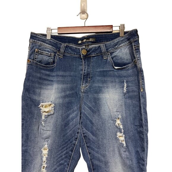 Seven7 Ankle Skinny Distressed Sequin Detail Denim Blue Jeans Women's Size 16 - Picture 2 of 12